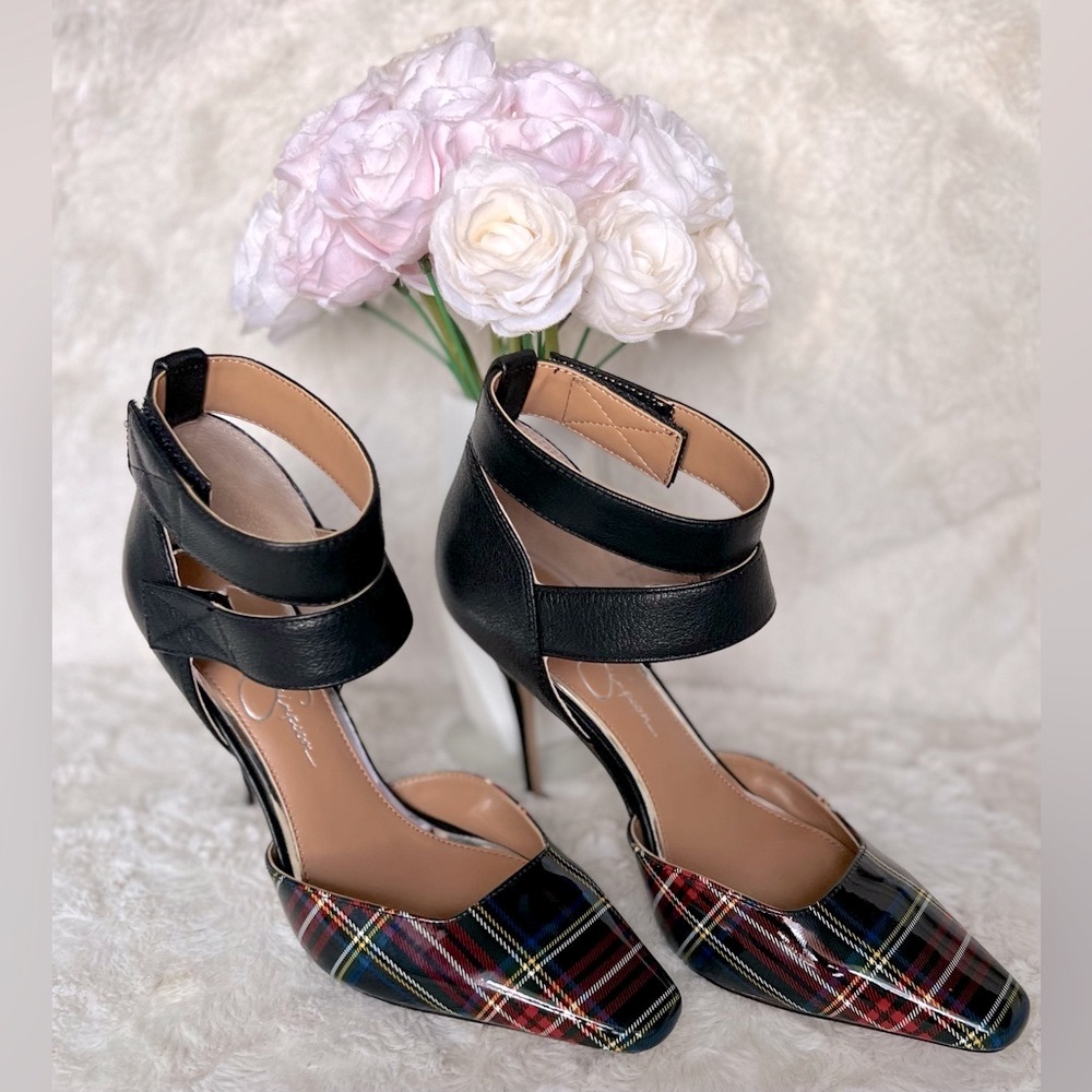 Jessica Simpson Black Leather & Red Plaid Pointed Toe Ankle Strap Heels
